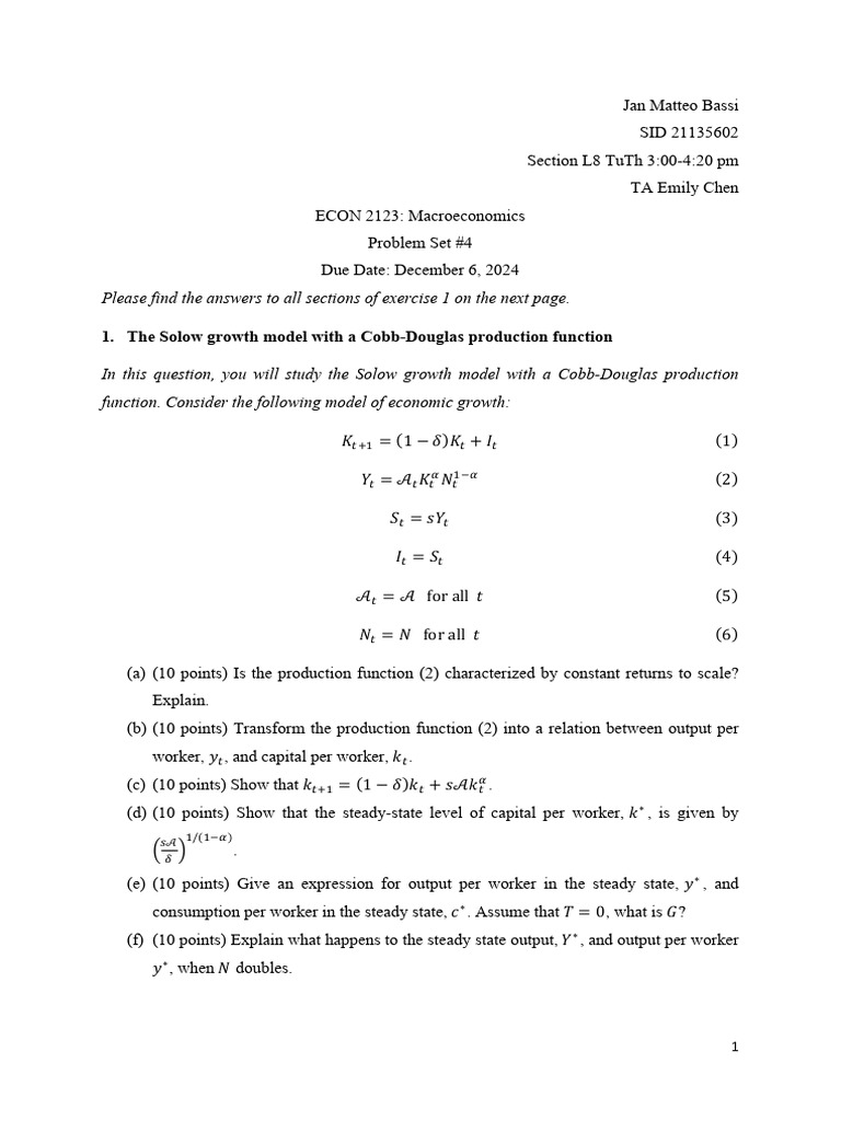Solow Growth Model Problem Set 4 | PDF | Production Function ...