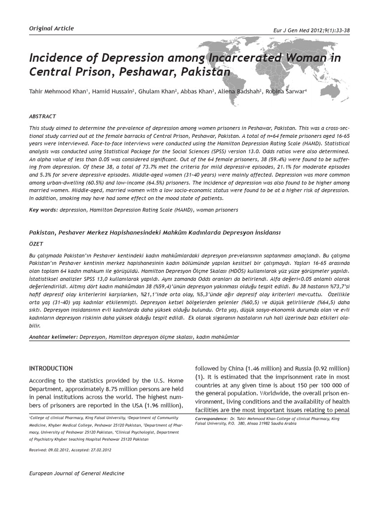 Incidence of Depression Among Incarcerated Woman in Central Prison ...