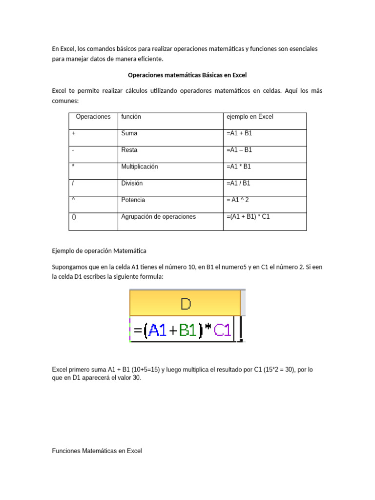 Operaciones y Funciones Matemáticas en Excel | PDF | Microsoft Excel ...