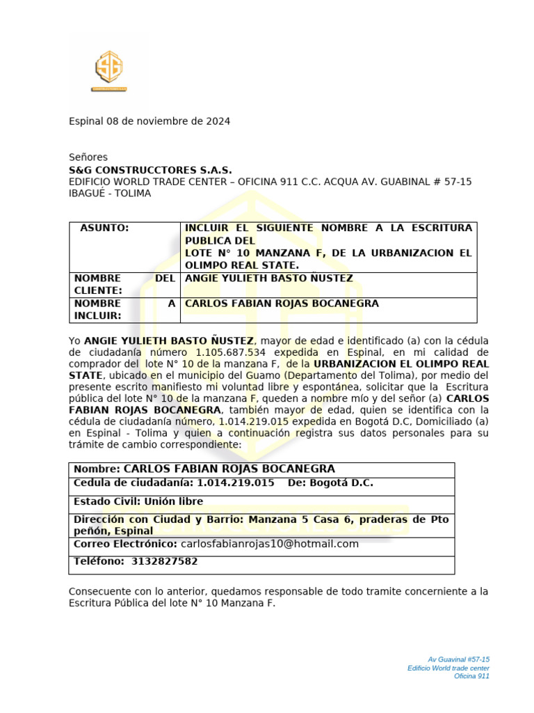 Formato para Incluir Personas en Escritura Olimpo Real Estate Syg | PDF ...