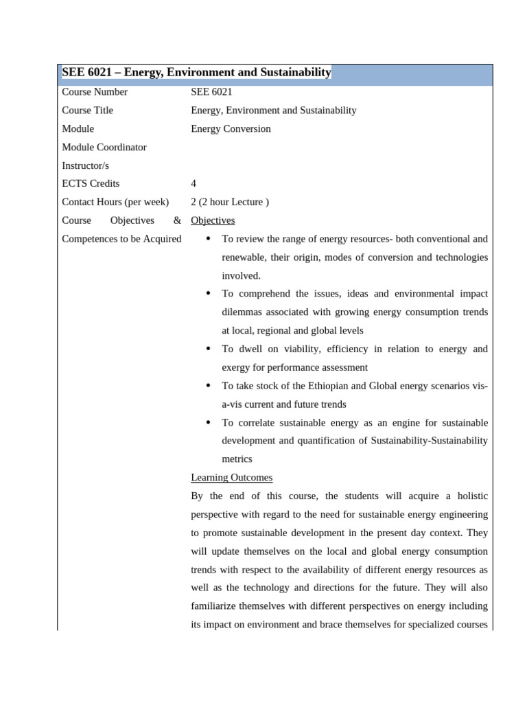 SEE 6021 course outline | PDF | Energy Development | Climate Change