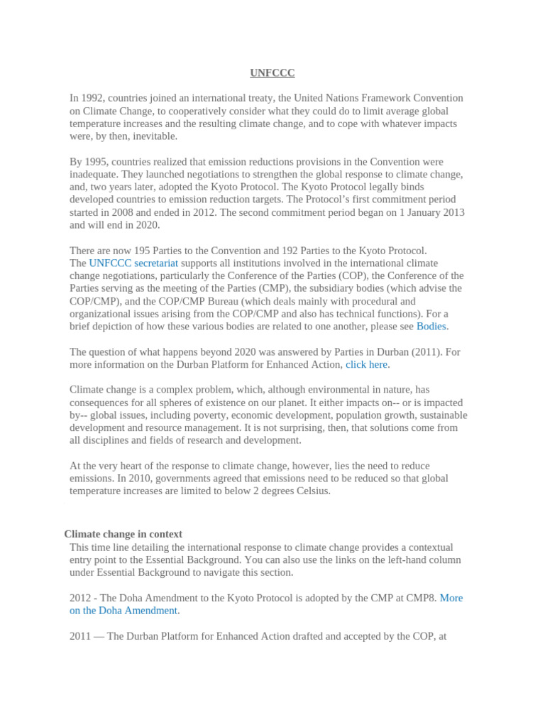 UNFCCC Overview and Climate Action History | PDF | Kyoto Protocol ...