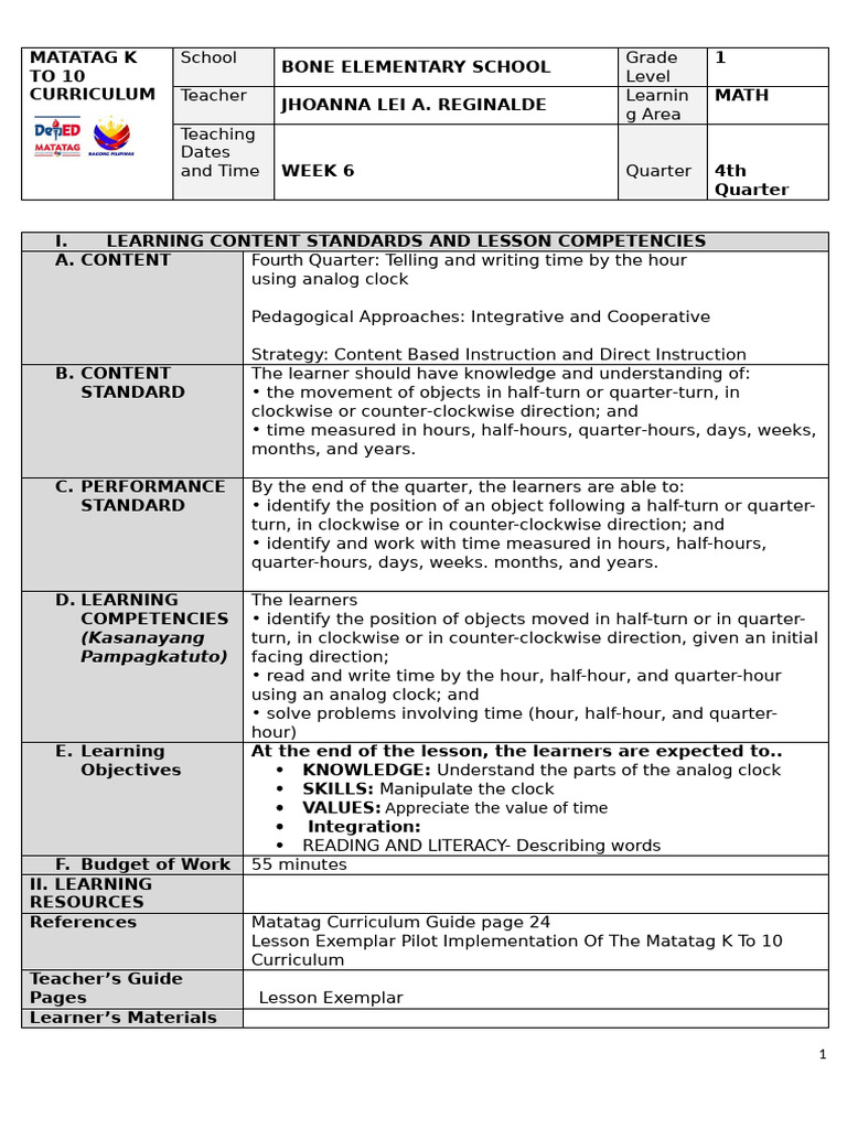 Grade 1 Math: Telling Time Lesson Plan | PDF | Learning | Literacy