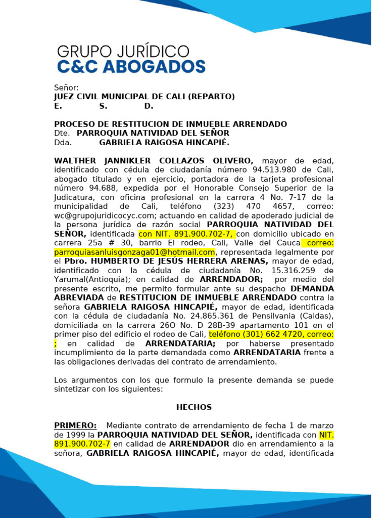 Demanda de Restitución de Inmueble Arrendado | PDF | Ley común | Justicia