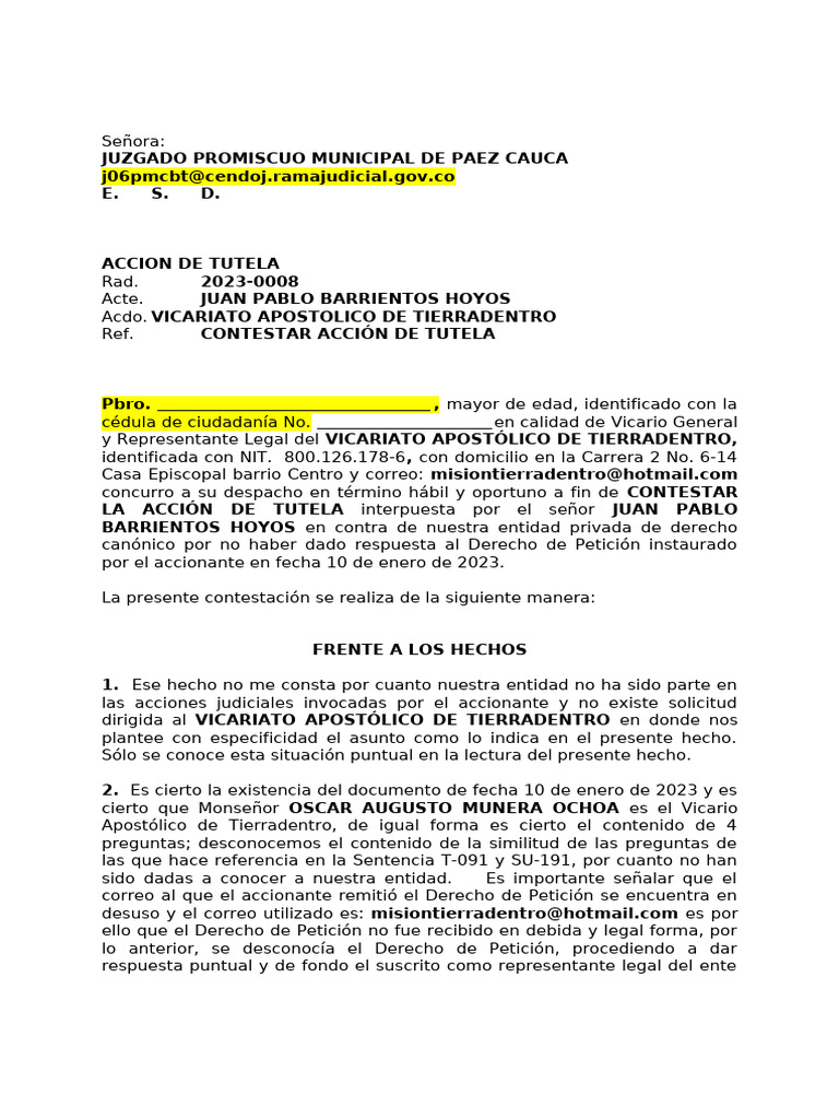 Contestación Acción de Tutela 2023-0008 | PDF | Caso de ley | Petición