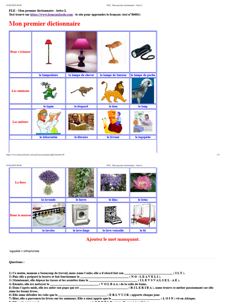 FLE - Mon Premier Dictionnaire - Lettre L | PDF