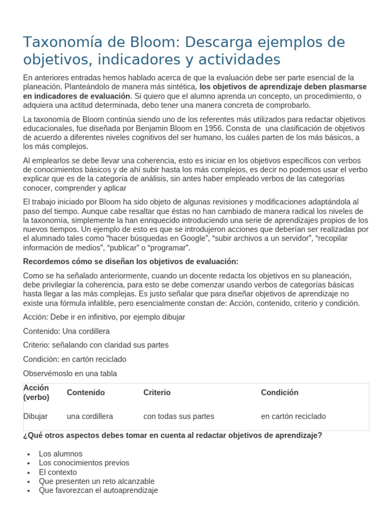 Ejemplos de Objetivos con Bloom | PDF | Aprendizaje | Cognición