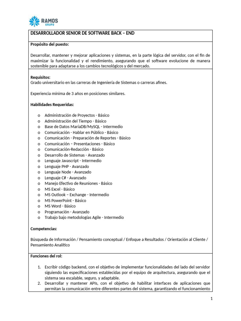 Desarrollador Senior de Software Back - End | PDF | Software | Lenguaje ...