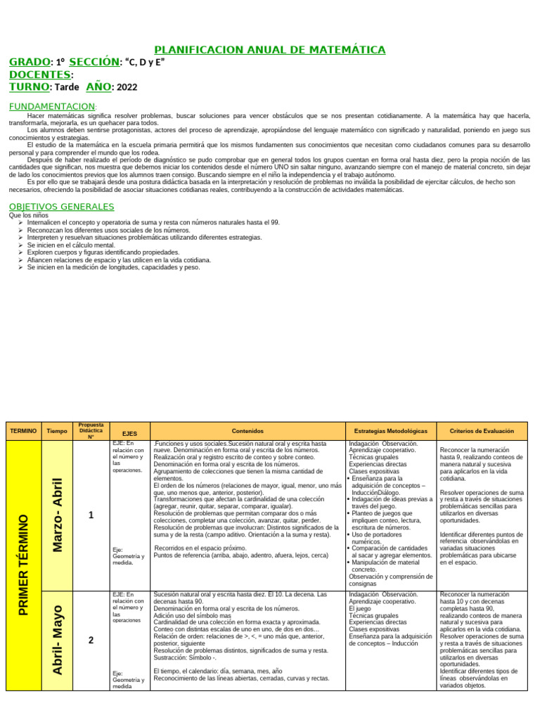 Planificación Matemática 1° Grado 2022 | PDF | Matemáticas | Educación ...