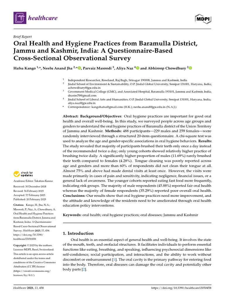 Oral Hygiene Practices in Baramulla, India | PDF | Human Tooth | Oral ...