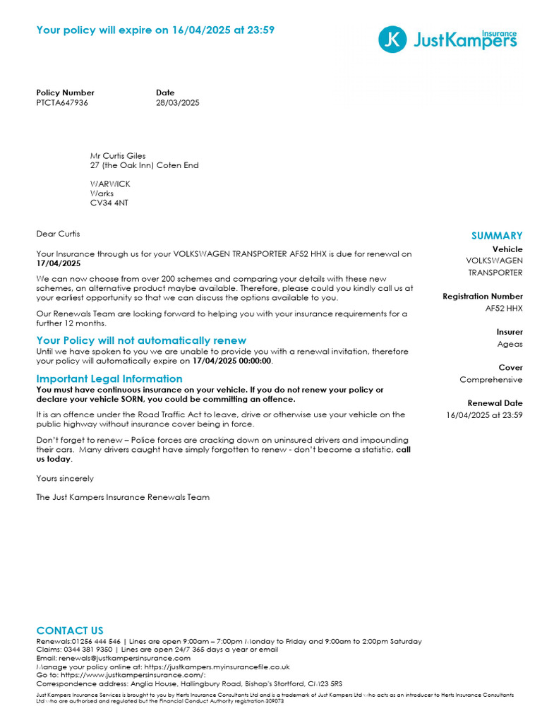 Just Kampers Insurance Renewal Notice | PDF | Risk | Financial Risk
