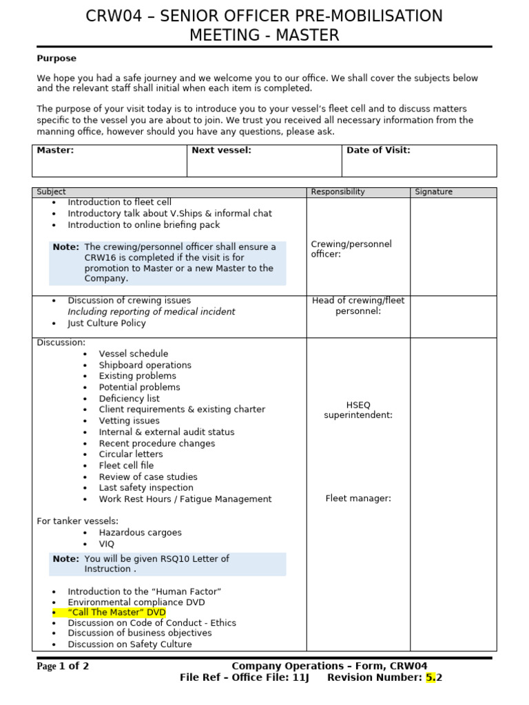 Senior Officer Pre-Mobilisation Meeting Guide | PDF