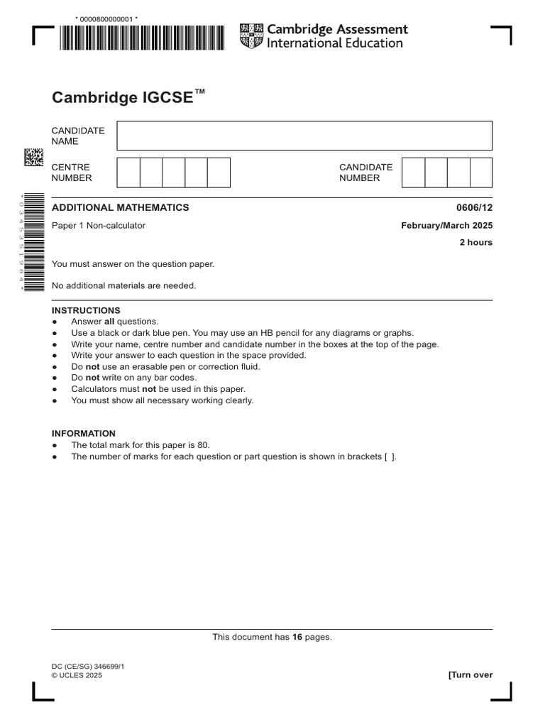 Cambridge IGCSE: Additional Mathematics 0606/12 | PDF