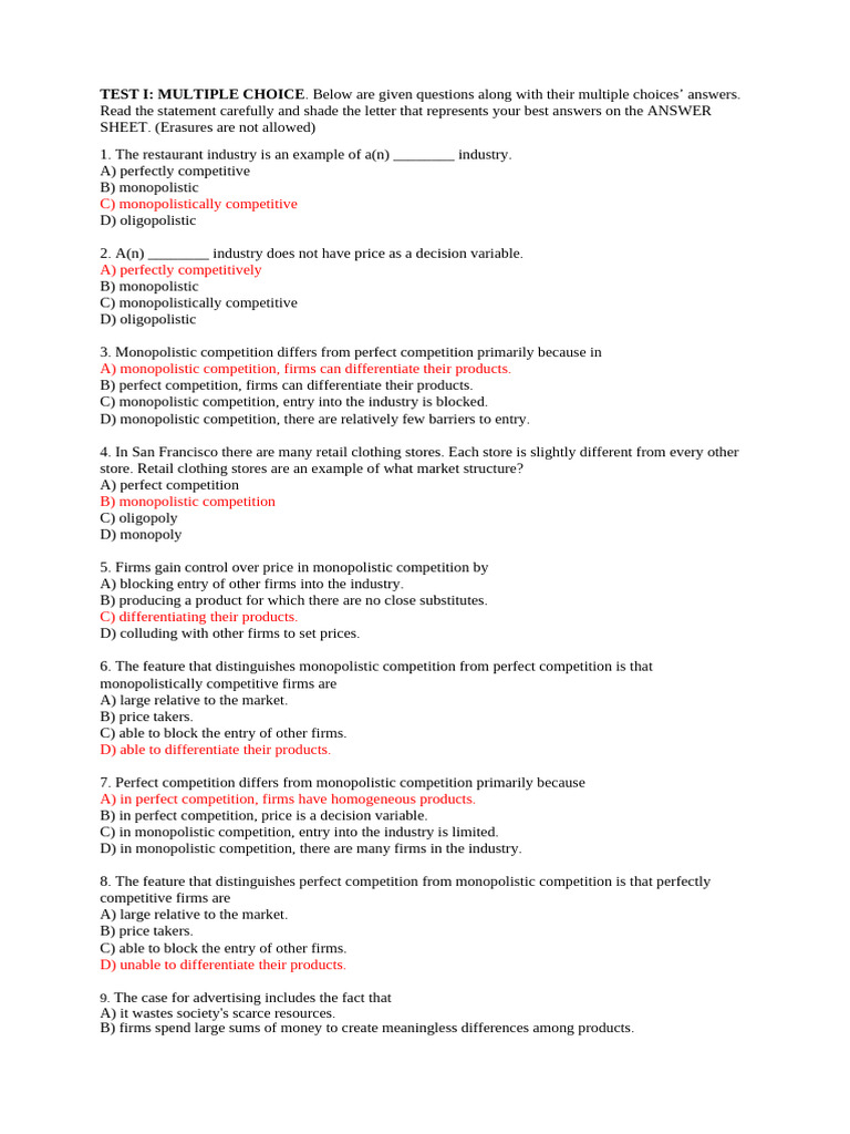 Module 9 Monopolistic Competion Quiz Key Answer | PDF | Elasticity ...