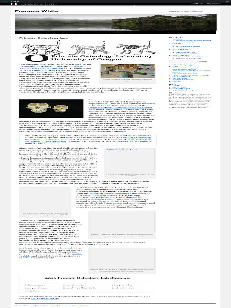 Primate Osteology Lab - Frances White | PDF | Zoology | Biology
