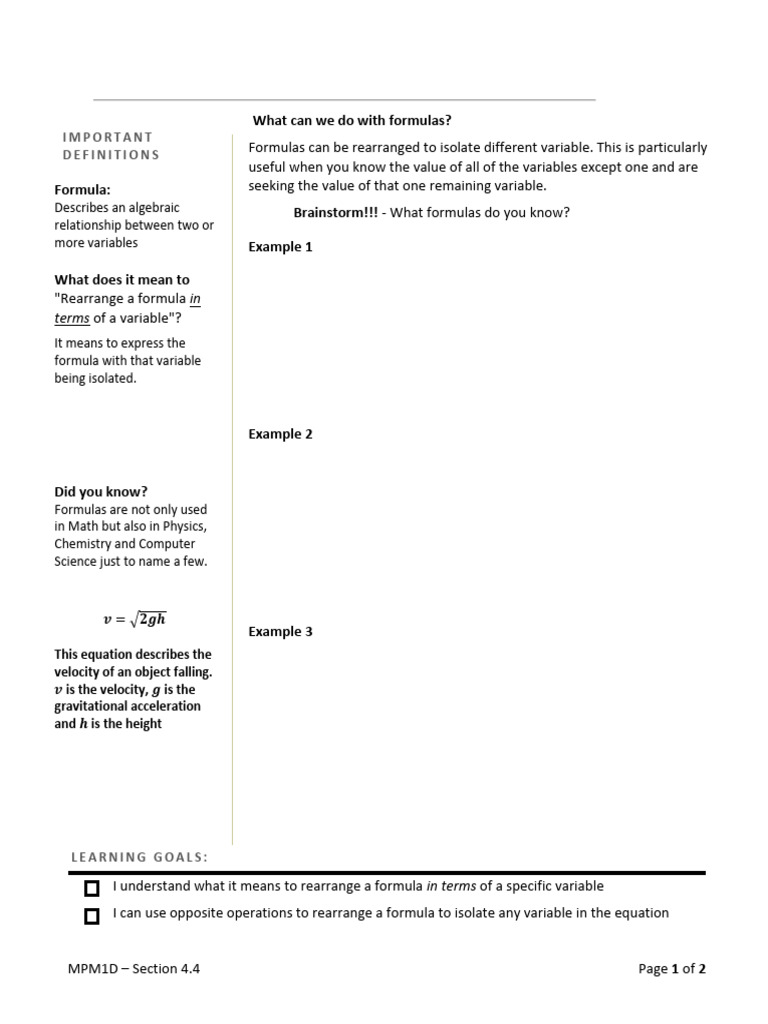 4.4 Formulas in Real Life | PDF | Formula | Velocity