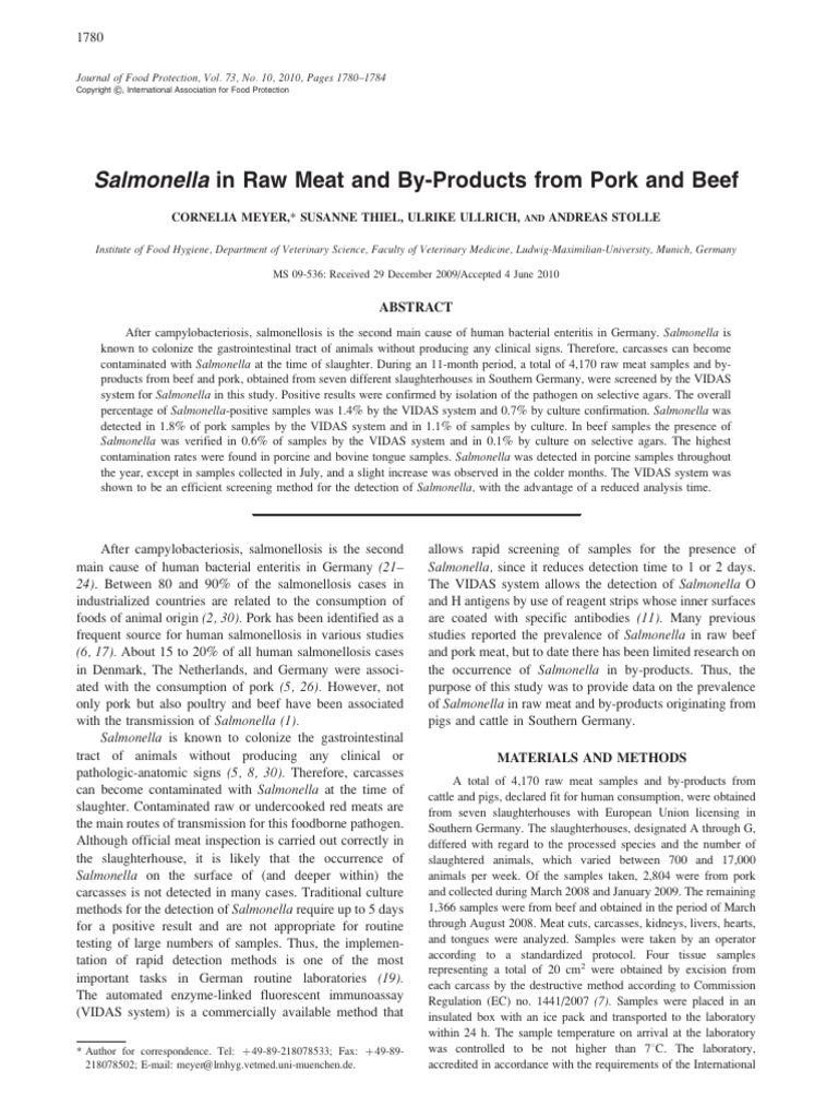 Salmonella in Raw Meat and By-Products From Pork and Beef | PDF ...