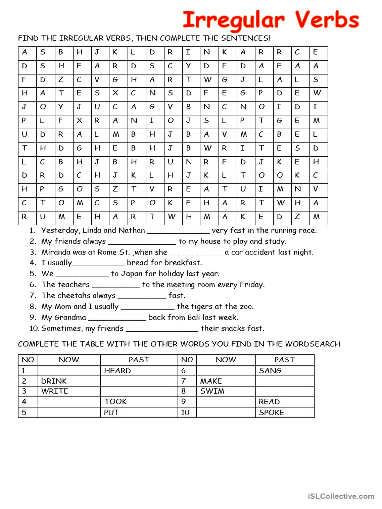 Wordsearch - 2 Pages - Irregular Verbs | PDF | Linguistic Typology | Syntax
