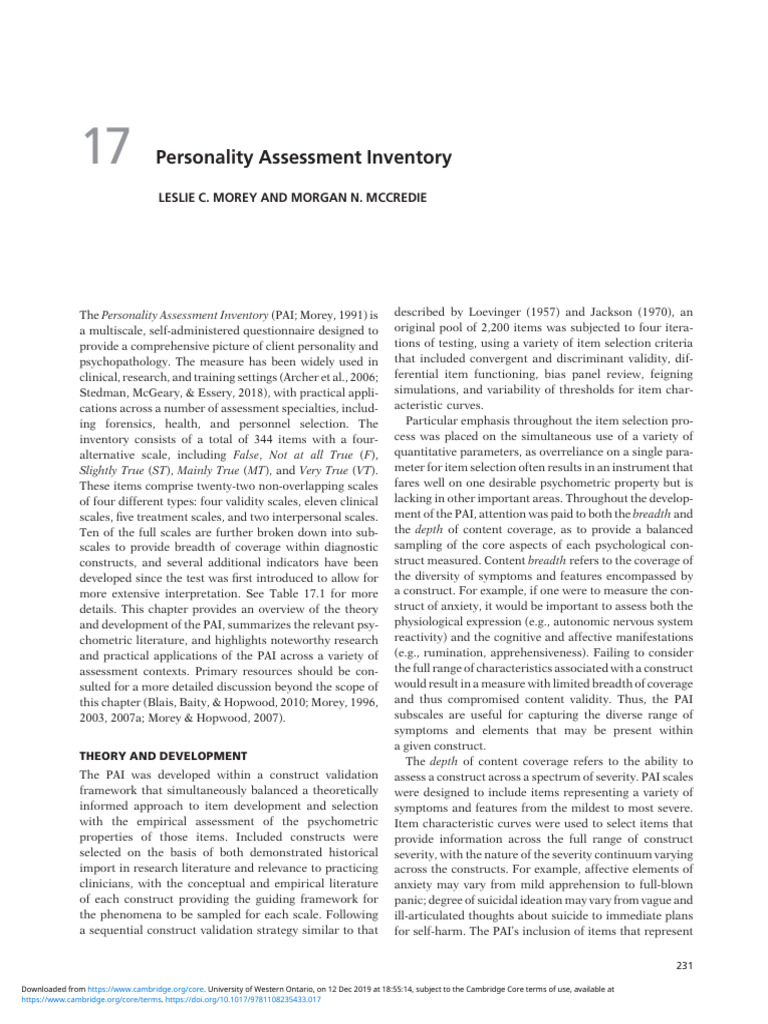 Overview of the Personality Assessment Inventory | PDF | Borderline ...