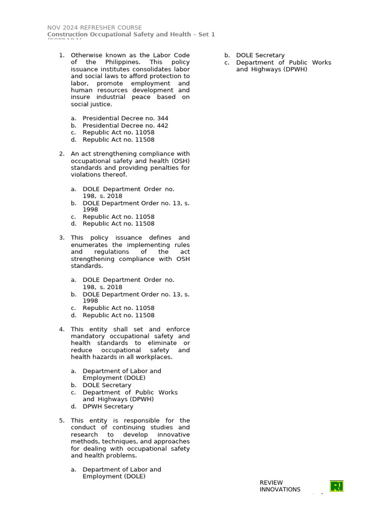 OSH Refresher Course for Construction | PDF | Occupational Safety And ...
