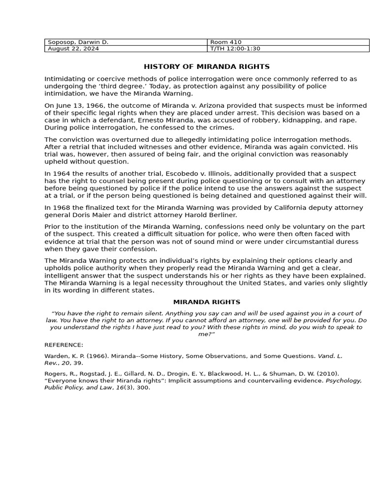 Ernesto Miranda and His Rights | PDF | Miranda V. Arizona | Miranda Warning
