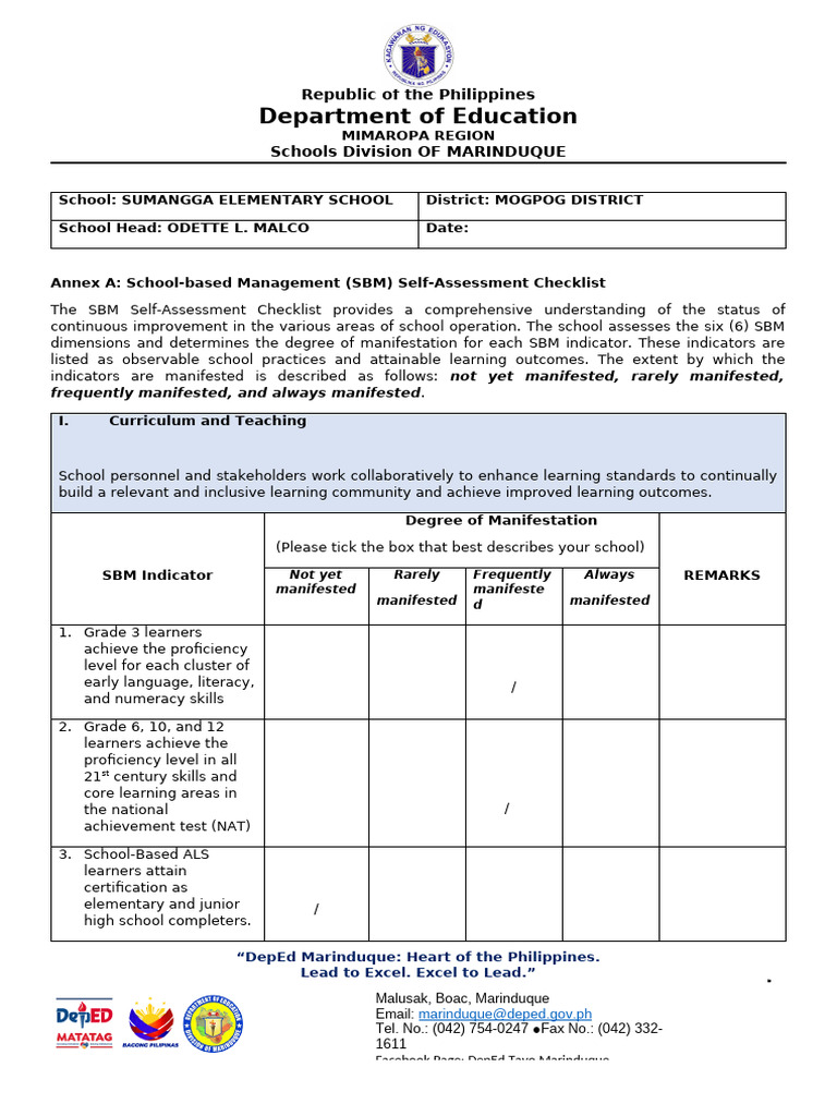 SBM Self-Assessment Checklist 2025 | PDF | Learning | Schools