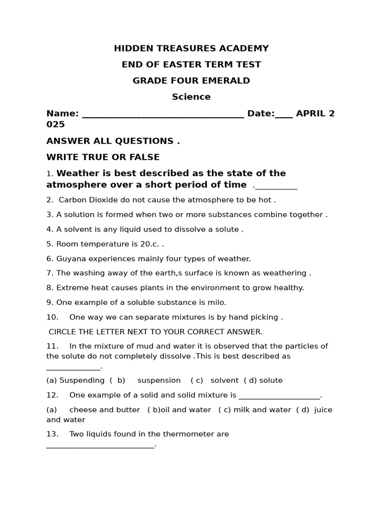 Grade 4 Easter Science Test | PDF | Water | Nature