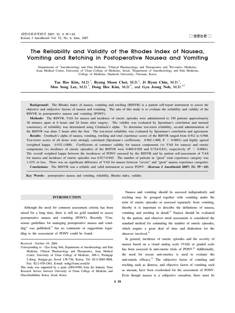 Validity of Rhodes Index for PONV | PDF | Vomiting | Nausea