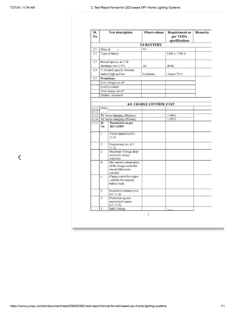SPV Home Lighting Test Report Format | PDF
