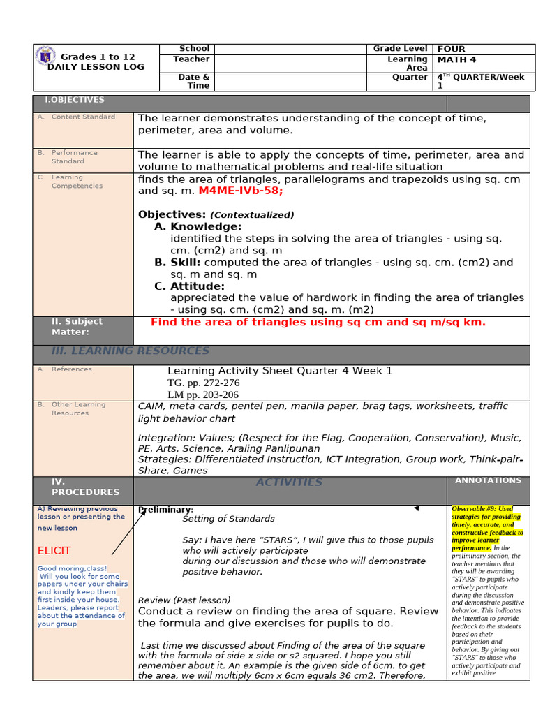 Cot Math 4 4th Week 1 | PDF | Area | Learning