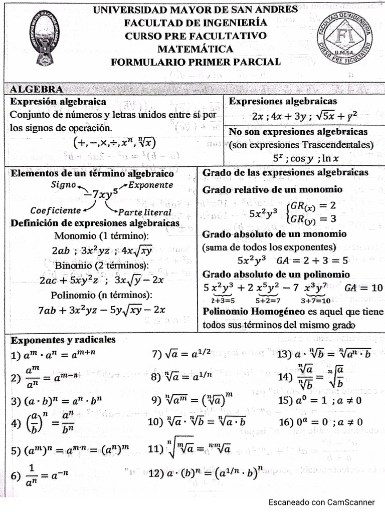 Formulario Mate 1er Parcial Inge | PDF