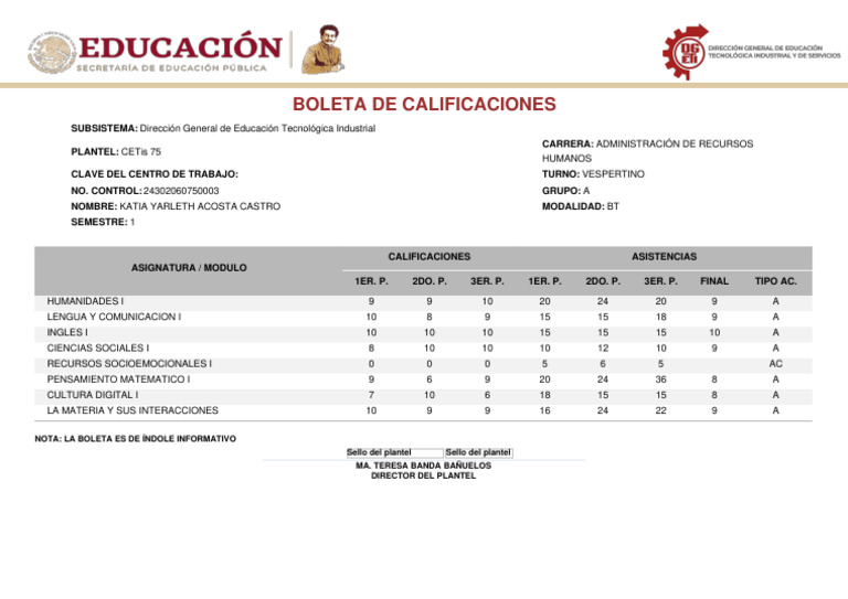 Boleta de Calificaciones CETis 75 | PDF | Educación en artes liberales