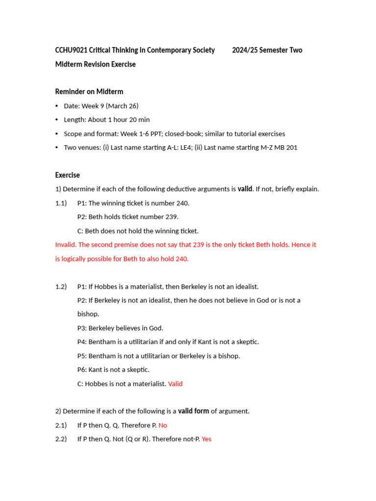 Midterm Revision Exercise Answer Key (202425 Sem 2) | PDF | Argument ...