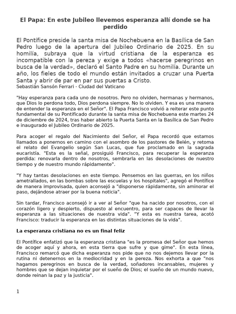 El Papa: Llevar esperanza en el Jubileo | PDF | Papa Francisco | Papa