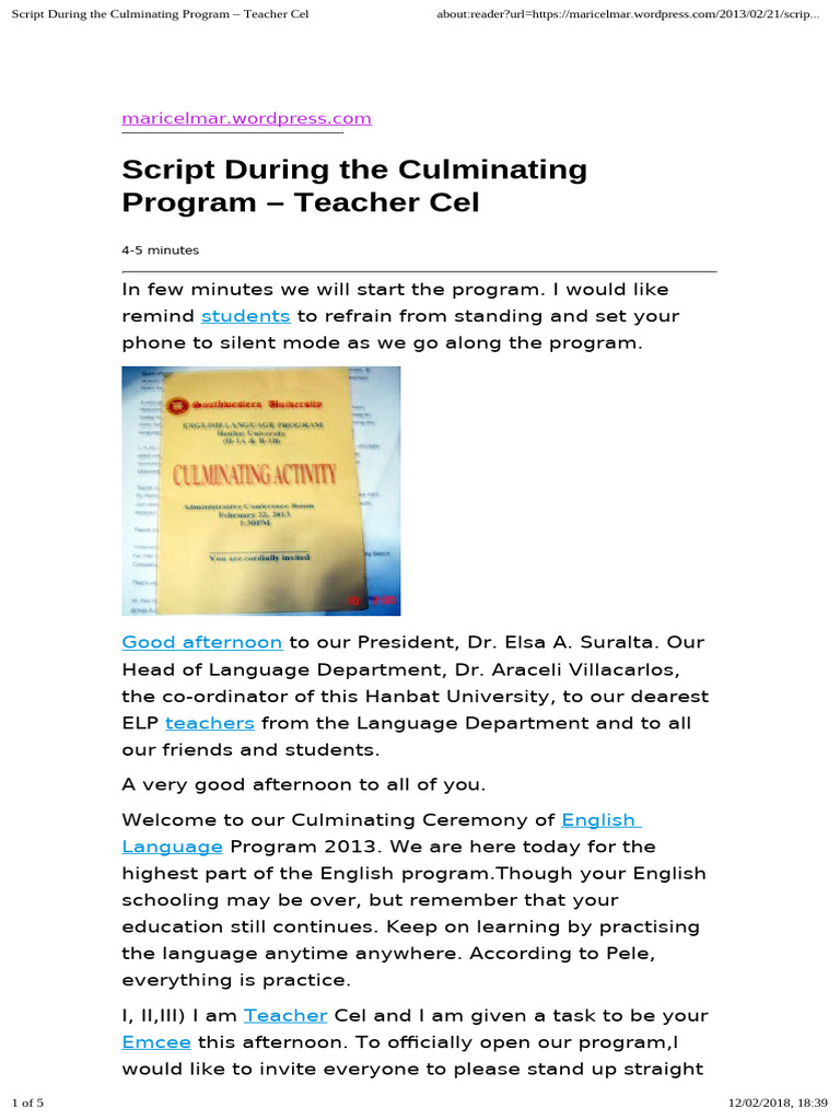 Culminating Program Script for ELP | PDF