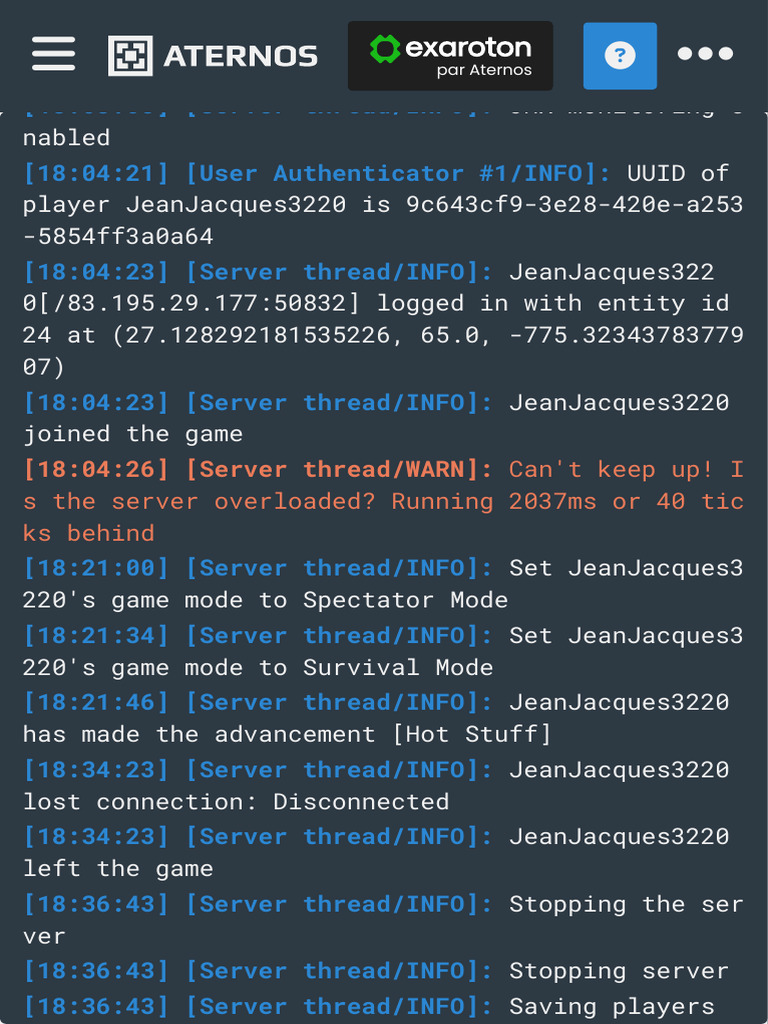 Aternos Minecraft Server Logs Overview | PDF