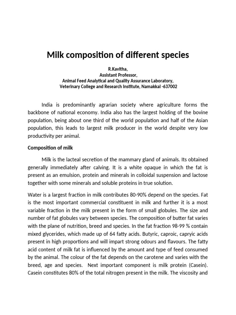 Milk Composition by Species Analysis | PDF | Milk