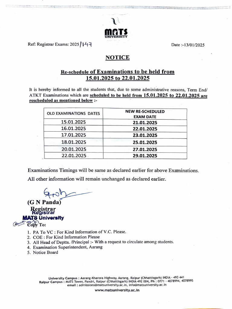 Resh Re-Schedule of Examinations | PDF