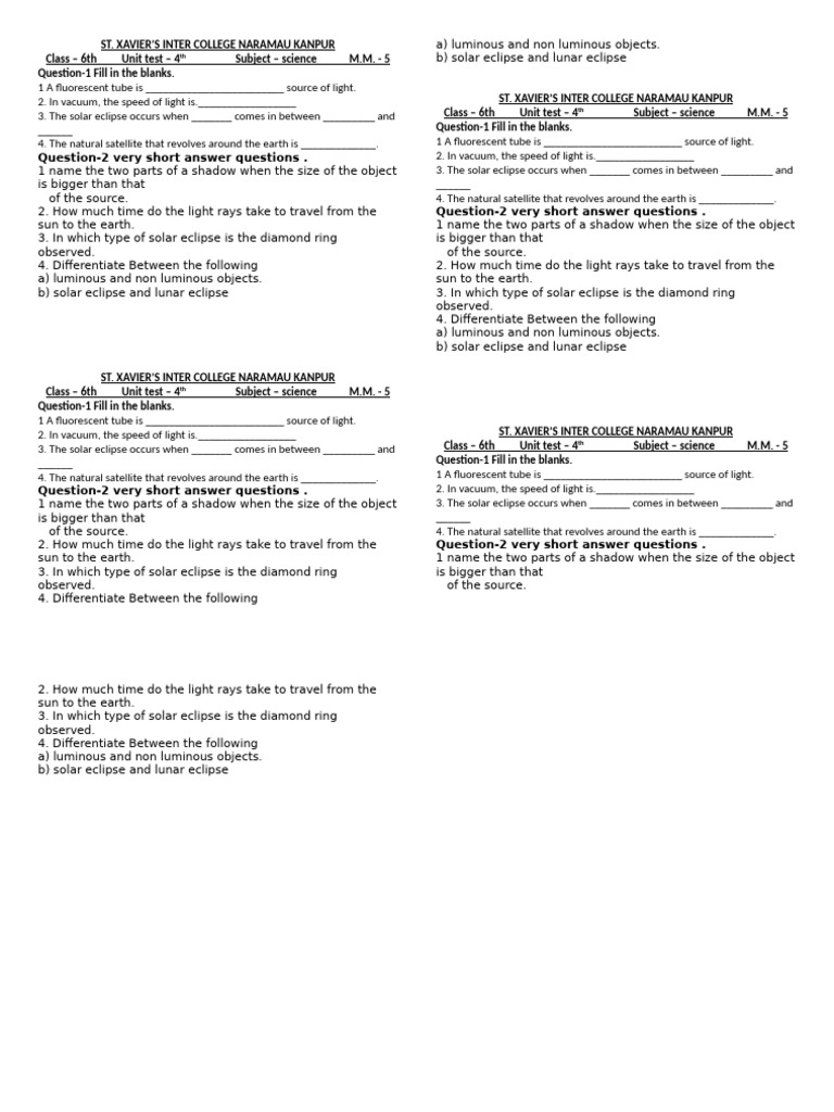 Class 6 Science Unit Test 4 | PDF | Eclipse | Solar Eclipse