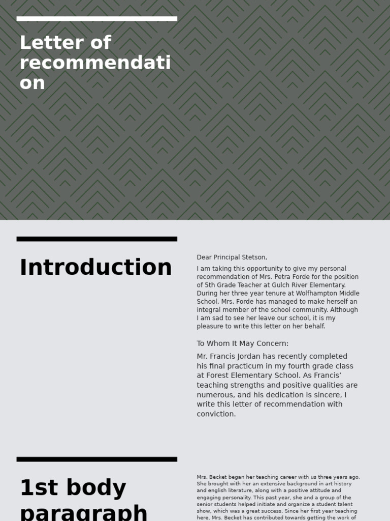Recommendation for Elementary Teacher | PDF | Teachers | Learning