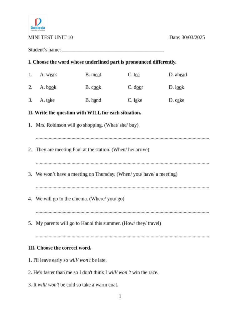 Mini Test Unit 10: English Practice | PDF