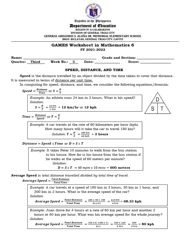 Math 6 Worksheet: Speed & Area Concepts | PDF | Area | Rectangle