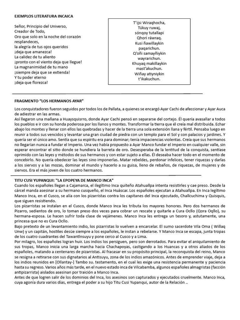 Ejemplos de Literatura Incaica | PDF | Imperio Inca