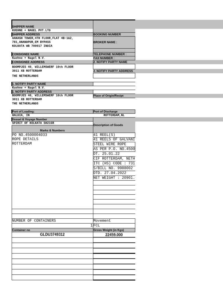 MSC Bill of Lading for Rotterdam Shipment | PDF