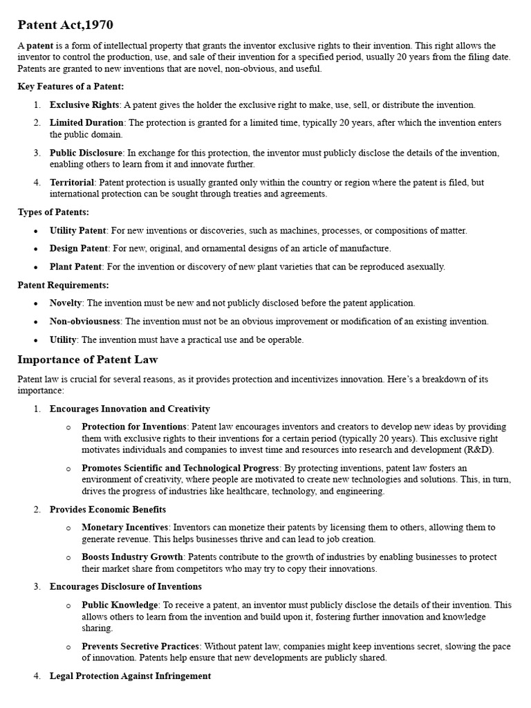 Overview of the Patent Act, 1970 | PDF | Patent | Patent Infringement