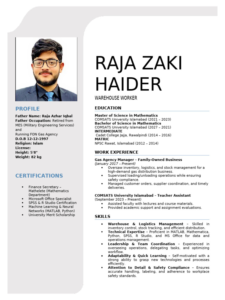 Raja Zaki: Warehouse Worker Profile | PDF | Business