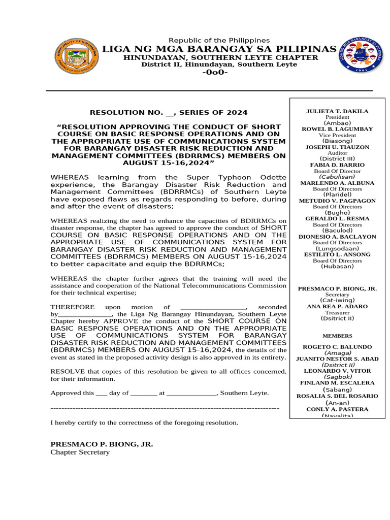 BDRRMC Training Resolution 2024 | PDF
