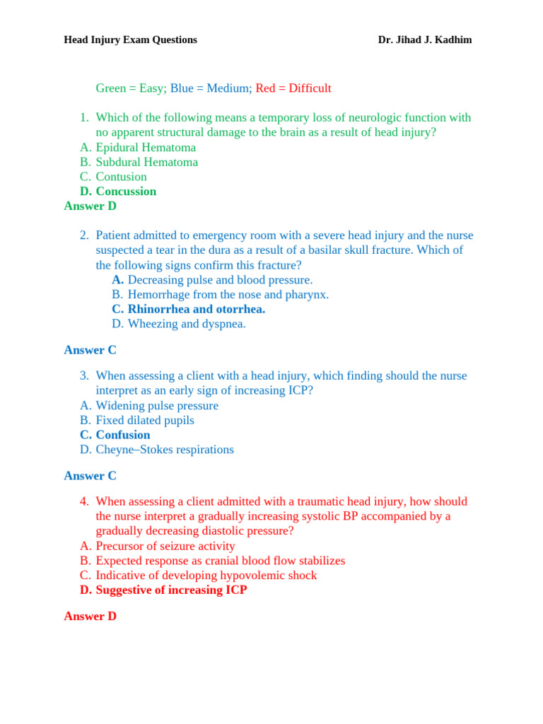 Head Injury Exam Questions and Answers | PDF
