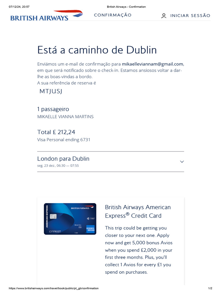 Confirmação de Voo para Dublin | PDF