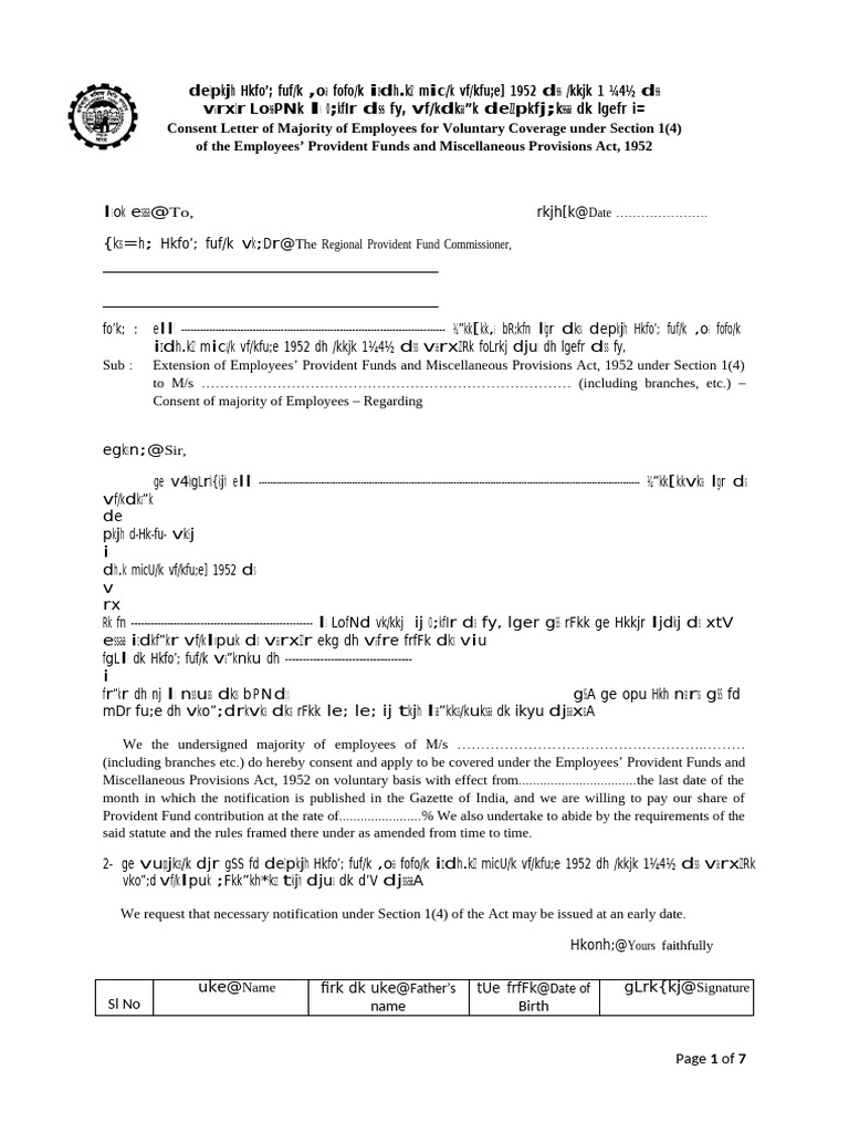 EPF Consent Letter for Voluntary Coverage | PDF